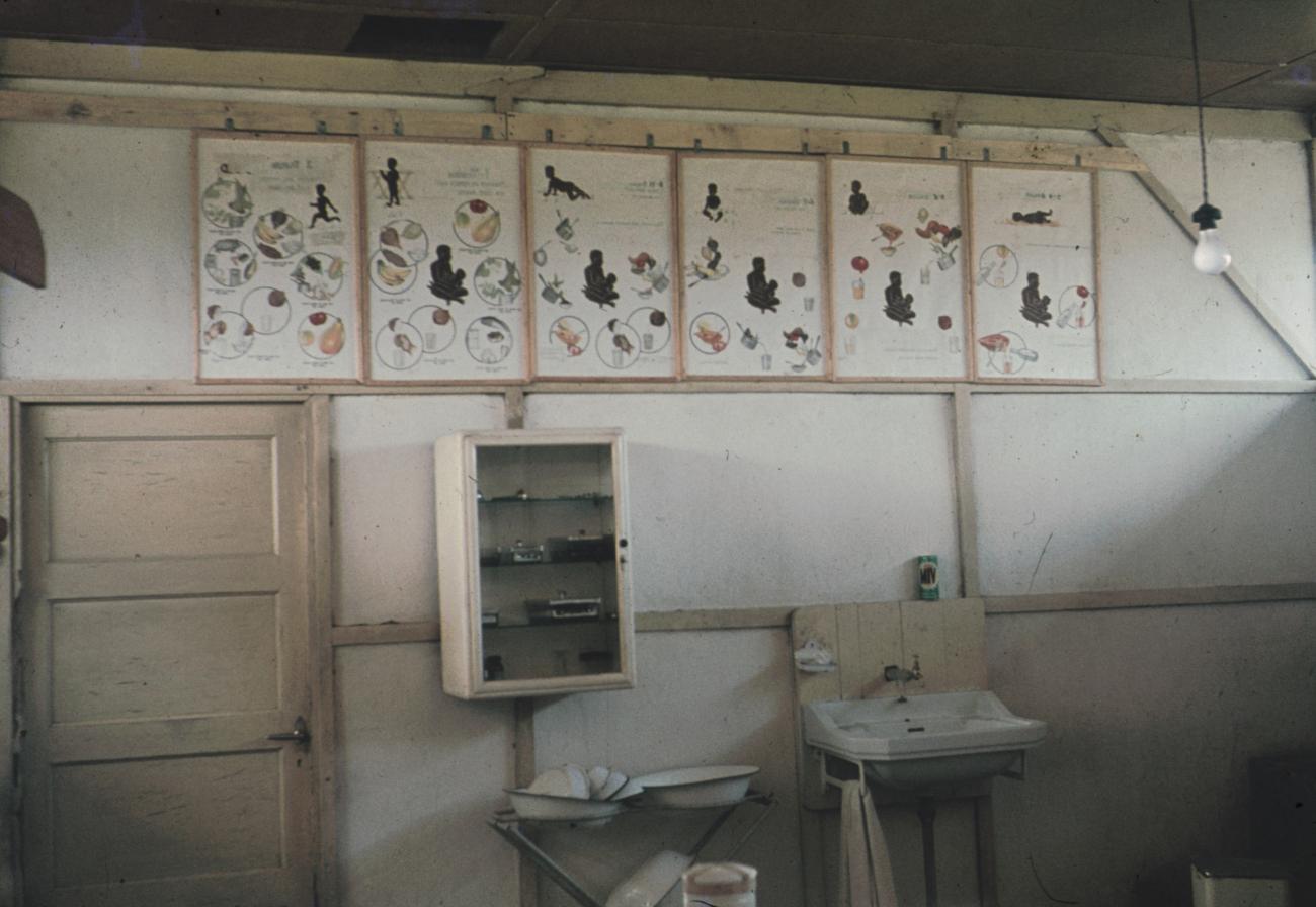 BD/144/547 -
Polikliniek, prenten met voedingsadviezen aan muur