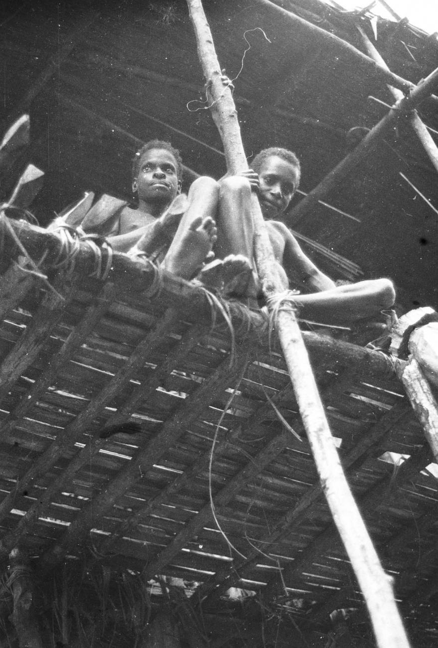 BD/133/327 -
Tocht Merauke-Kepi-Cook: Kinderen zittende op een verhoging in een hut