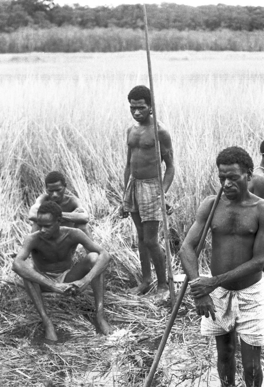 BD/133/651 -
Portret van Papoea-mannen, staand en zittend in het riet op de rivieroever