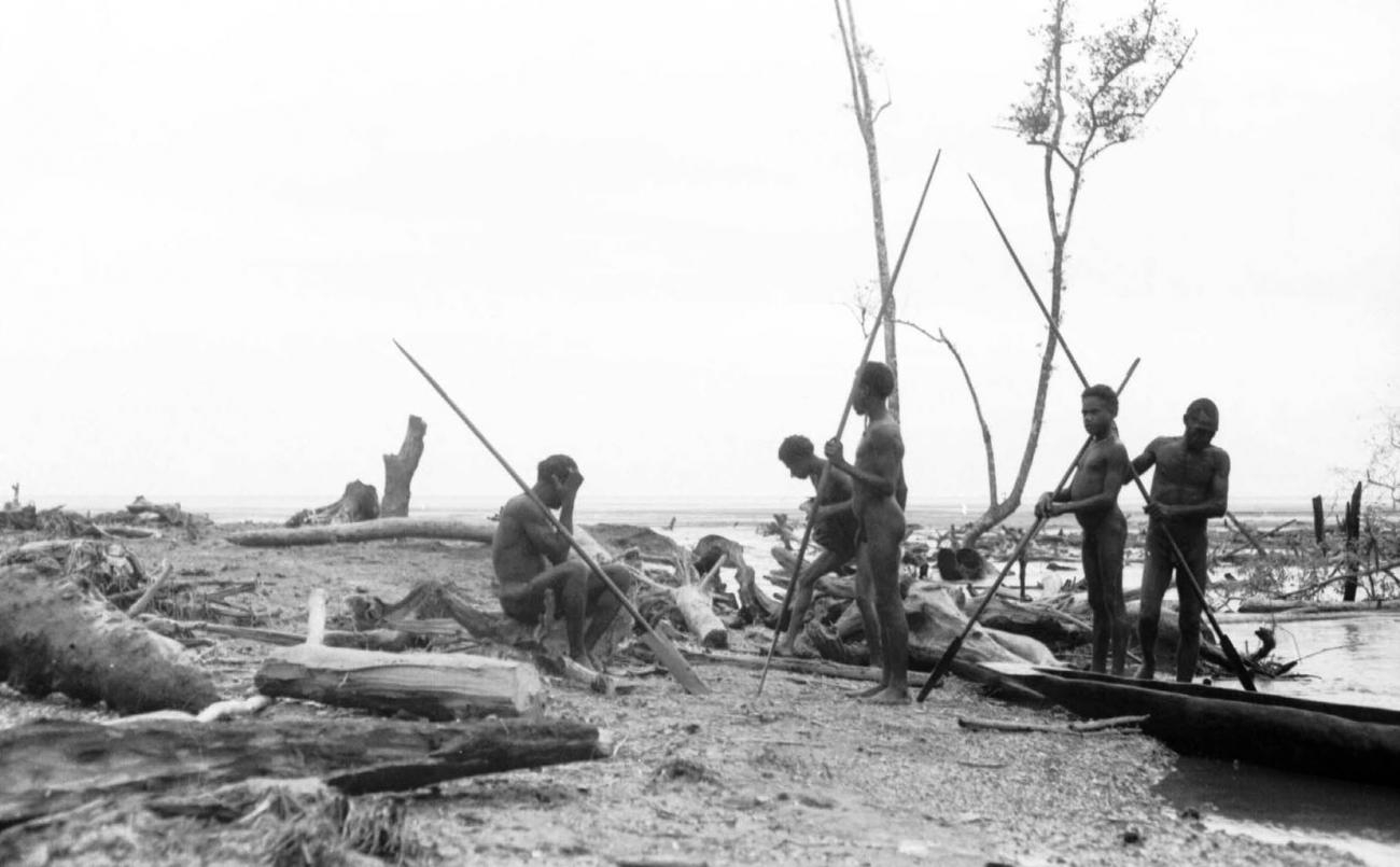 BD/133/69 -
Trip Merauke-Kapi: Men on the river shore with washed ashore wood
