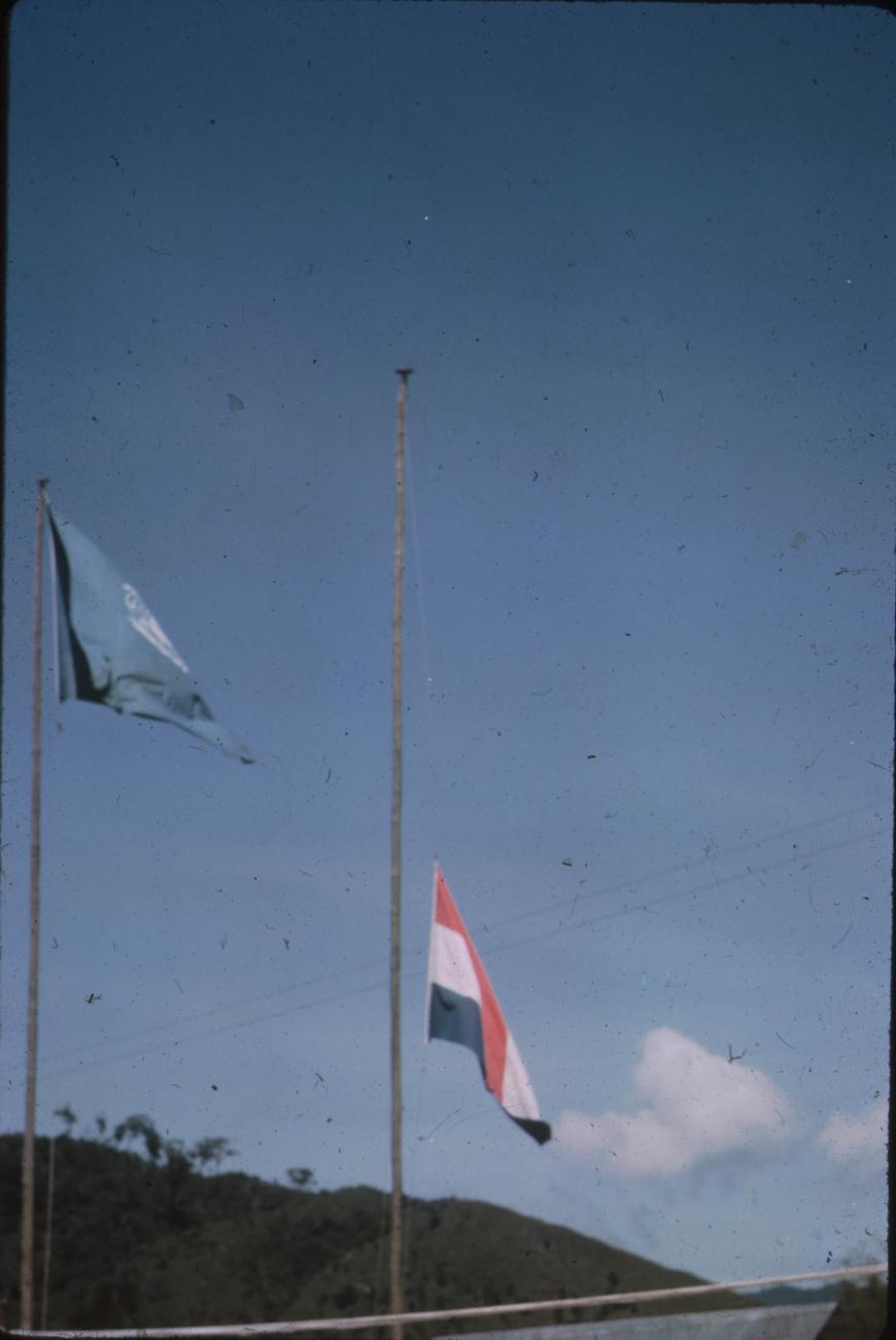 BD/248/332 -
Nederlandse vlag halfstok en vlag van VN