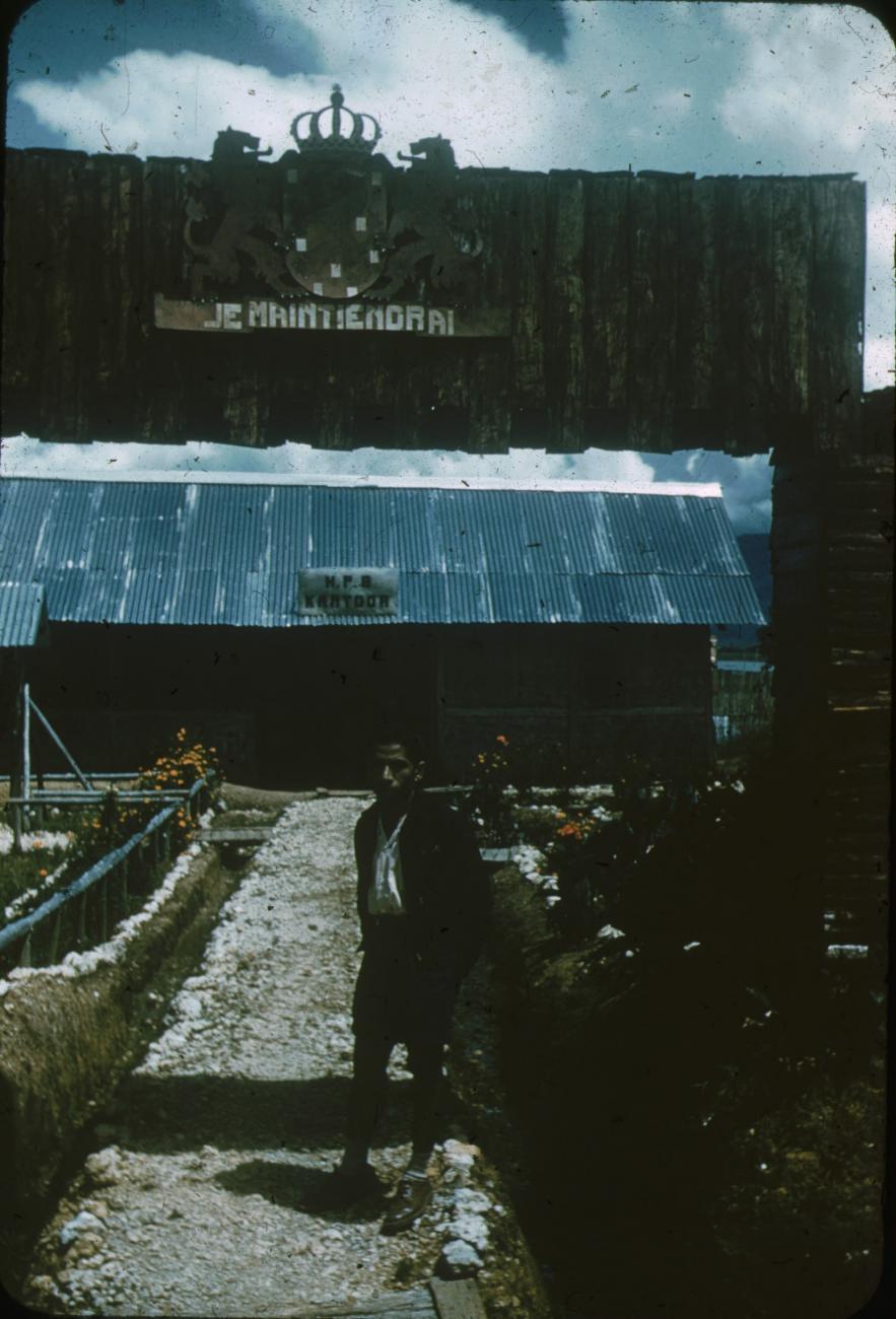BD/248/352 -
Nederlands wapen 'Je Maintiendrai' boven op een gebouw