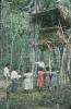 BD/171/99 Onder een hoge houten hut luisteren een groep toeschouwers l